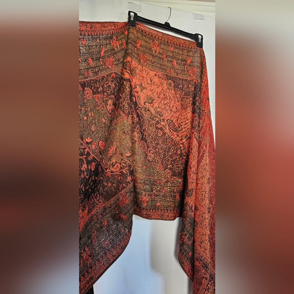Pashmina Orange Floral And Paisley Fringed‎ Pashmina Silk Shawl Scarf - Picture 3 of 7